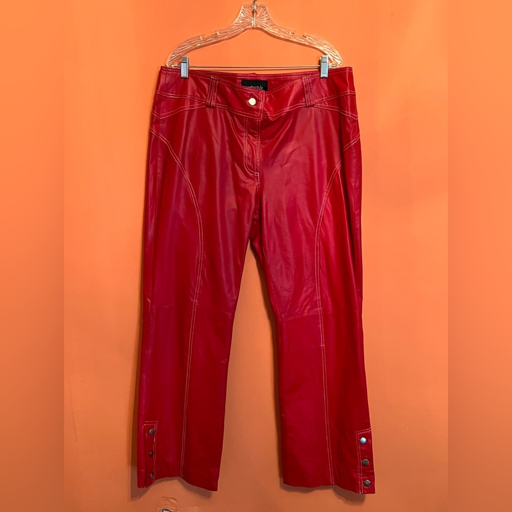 Women’s Size 18 Red Genuine Leather Pants, Decorated with White Stitching.